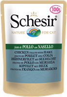 تصویر پوچ گربه Schesir با طعم فیله ی مرغ و ماهی هیک - 100 گرمی