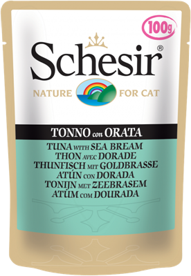 تصویر پوچ گربه Schesir با طعم ماهی تن و ماهی سیبریم  - 100 گرمی