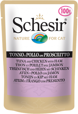 تصویر پوچ گربه Schesir با طعم ماهی تن و مرغ و ژامبون - 100 گرمی
