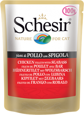 تصویر پوچ گربه Schesir با طعم فیله ی مرغ و ماهی خاردار - 100 گرمی