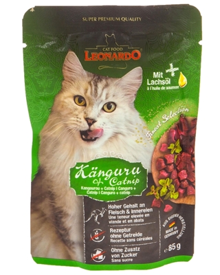 تصویر پوچ مخصوص گربه بالغ Leonardo تهیه شده از گوشت کانگرو و کت نیپ - 85 گرم