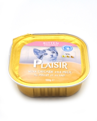 تصویر خوراک کاسه ای مرغ و شیر مخصوص بچه گربه Plaisir - 100 گرم