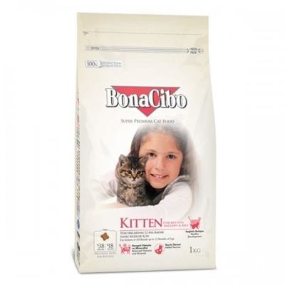 تصویر غذای خشک بچه گربهBonaCibo با طعم مرغ  و ماهی آنچووی و برج - 1 کیلوگرم