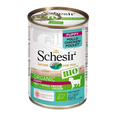 تصویر کنسرو مخصوص توله سگ schesir مدل Bio تهیه شده از گوشت مرغ - 85گرم