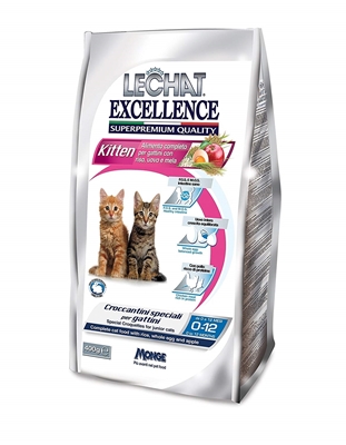 تصویر غذای خشک مخصوص بچه گربه و گربه مادر شیرده Lechat Excellence تهیه شده از گوشت مرغ و تخم مرغ - 400 گرم