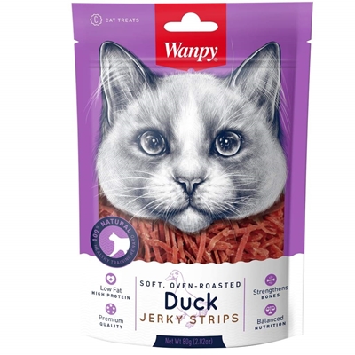 تصویر  انسک تشویقی Wanpy مدل Duck Jerky Strips  تهیه شده ازگوشت اردک مخصوص گربه - 80 گرم