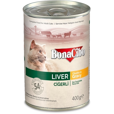 تصویر  کنسرو مخصوص گربه بالغ Bonacibo مدل chunks in gravyتهیه شده از جگر - 400گرم