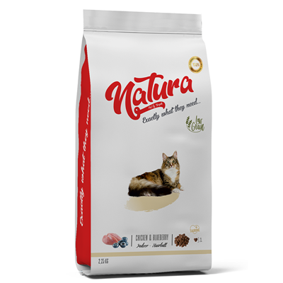 تصویر  غذای خشک Natura مدل Indoor & Hairball تهيه شده از مرغ و بلوبری و ذرت مخصوص گربه بالغ - 2/25 كيلوگرم