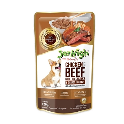 تصویر  پوچ Jerhigh مدل Chunk تهيه شده از مرغ و گوشت گريل شده و هويج در سس مخصوص سگ بالغ - 120 گرم