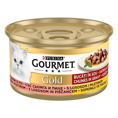 تصویر  کنسرو گربه Gourmet Gold تهیه شده از مرغ و سالمون در سس مخصوص گربه بالغ - 85 گرم