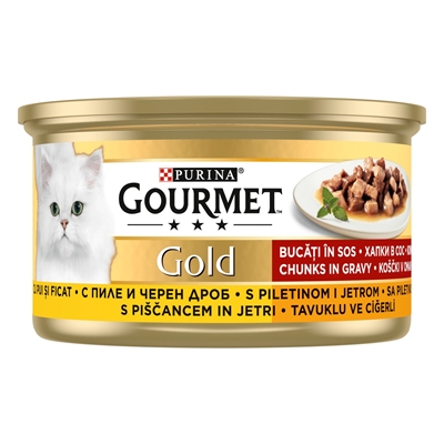 تصویر  کنسرو گربه Gourmet Gold تهیه شده از مرغ و جگر در سس مخصوص گربه بالغ - 85 گرم